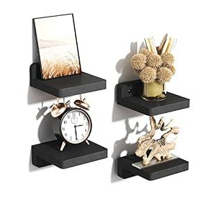 SRIWATANA Small Floating Shelves Wall Mounted, Wood Shelf for Decoration and Storage Set of 4, Mini Display Shelf for Bedroom, Bathroom, Kitchen, Office (Black, 4 inch)