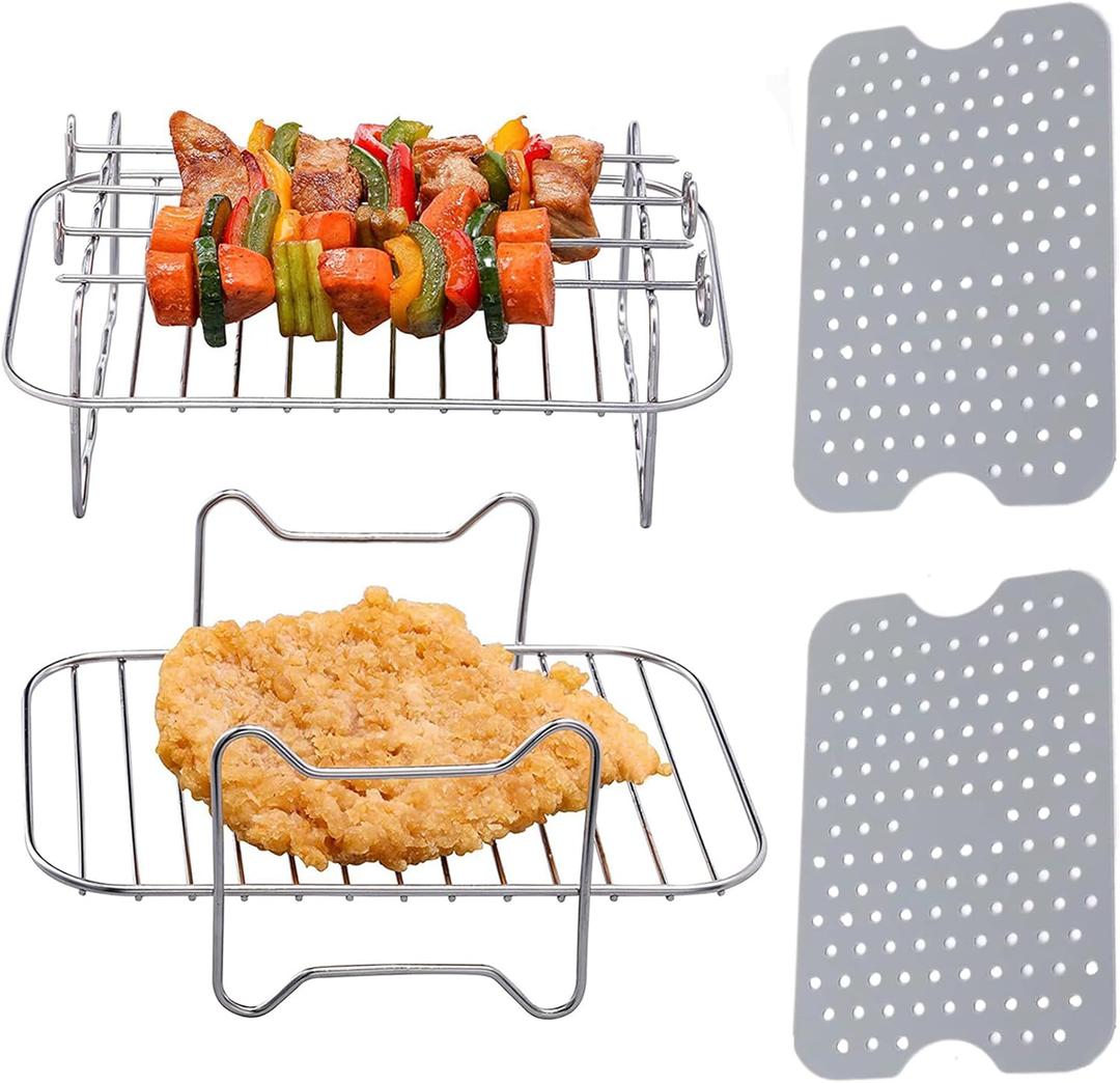 Air Fryer Rack for Ninja Dual 2 Basket Air Fryer 10 QT DZ401 & 8 QT DZ201, Racks for Dual Zone Air Fryer, Reusable Silicone Liner Sheets for Double Basket, 4pcs Kitchen Accessory Set