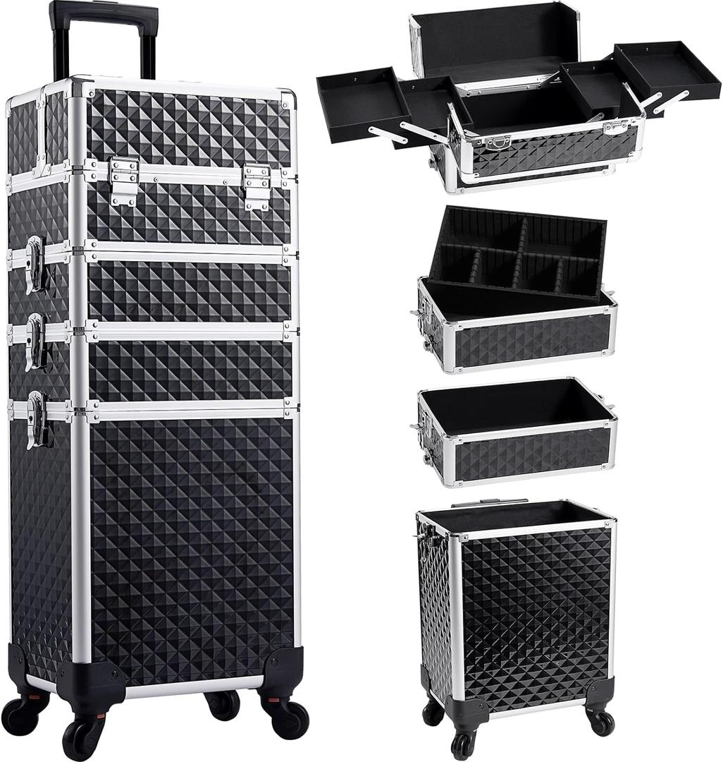 Rolling Makeup Train Case, 4-in-1 Cosmetology Case on Wheels, Nail Tech Cart for Travel, Professional Cosmetic Vanity Case, Suitcase for MUA/Manicure/Tattoo/Style, Lockable Storage Box, Black