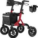 Rollator Walker for Seniors, Foldable All Terrain Rolling Walker with seat, Aluminum Walkers with 10 inch Rubber Wheels, Built-in Cable, Cup Holder, Adjustable Handles and Backrest for Seniors, Red