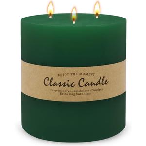 Large 3-Wick Green Pillar Candle - 6x6 Inch Dripless & Smokeless Unscented Fat Candle, 120 Hour Long Burning Hand-Poured Thick Candle with Cotton Wicks