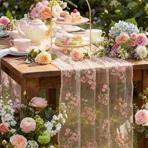 Remagr 9.8 ft 3D Pink Flower Table Runner Embroidery Seasonal Table Decorations Tulle Fabric for Home Indoor Decor, Bridal Shower Wedding, Baby Shower Parties, Holiday DIY Craft Kitchen Decor