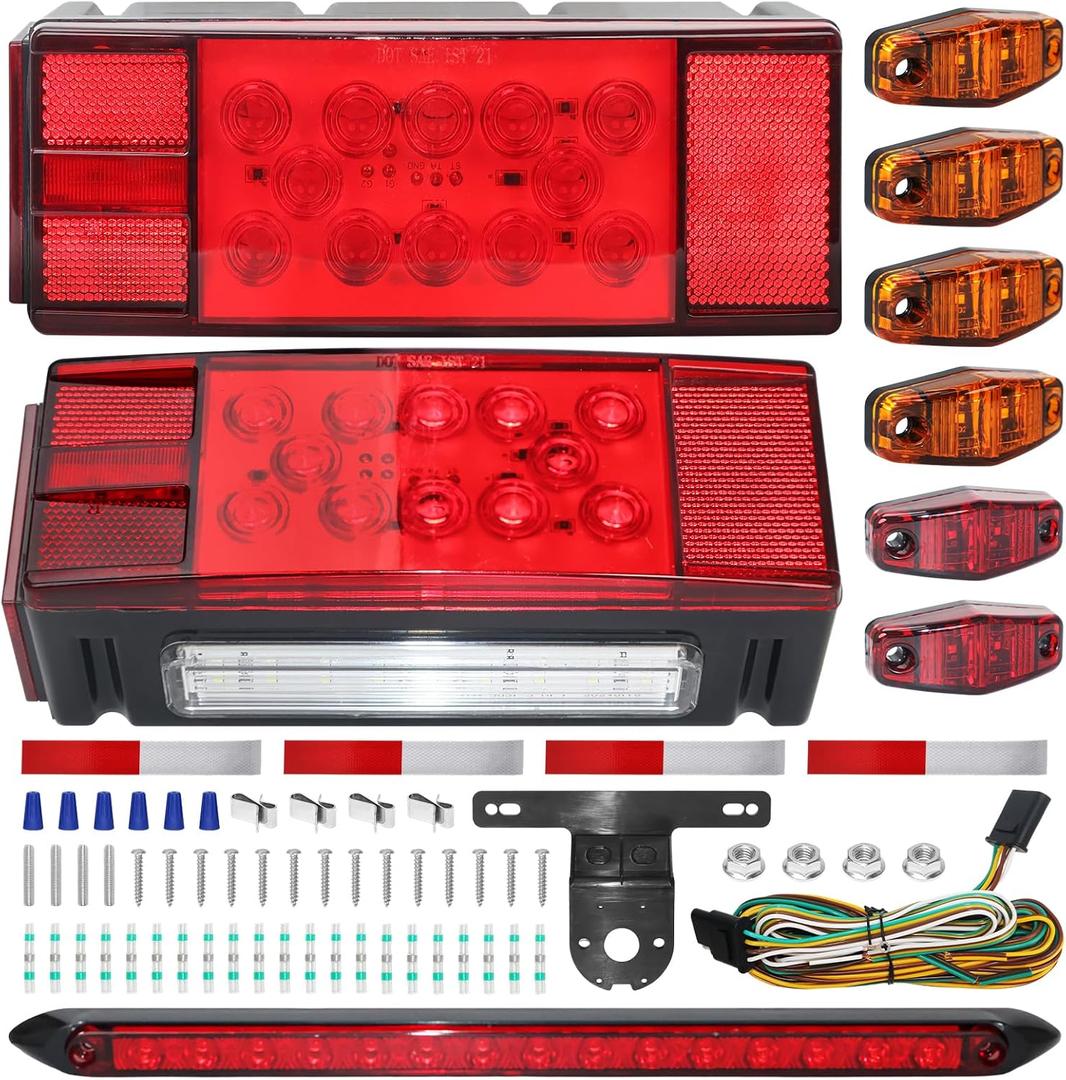 LED Trailer Light Kit, Submersible IP68 Waterproof for Boat Trailers, Super Bright Stop Brake Turn Tail License Plate, 4 Amber + 2 Red Marker Lights, LED Bar, 25FT Wiring Harness, over 80"