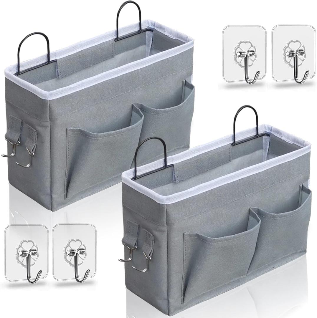 2pcs Middle Wall Hanging Organizer Bag, Linen Fabric Door Hanging Storage Basket with Pockets, Waterproof Bin for Kitchen, Bedroom, Office, RV Camper (Gray)