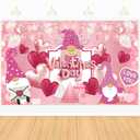  Valentines Day Photography Backdrop, Happy Valentines Day Banner Backdrop, Red Pink Love Hearts and Gnomes Design Party Supplies, for Valentines Day Party Decorations(6x3.6ft)