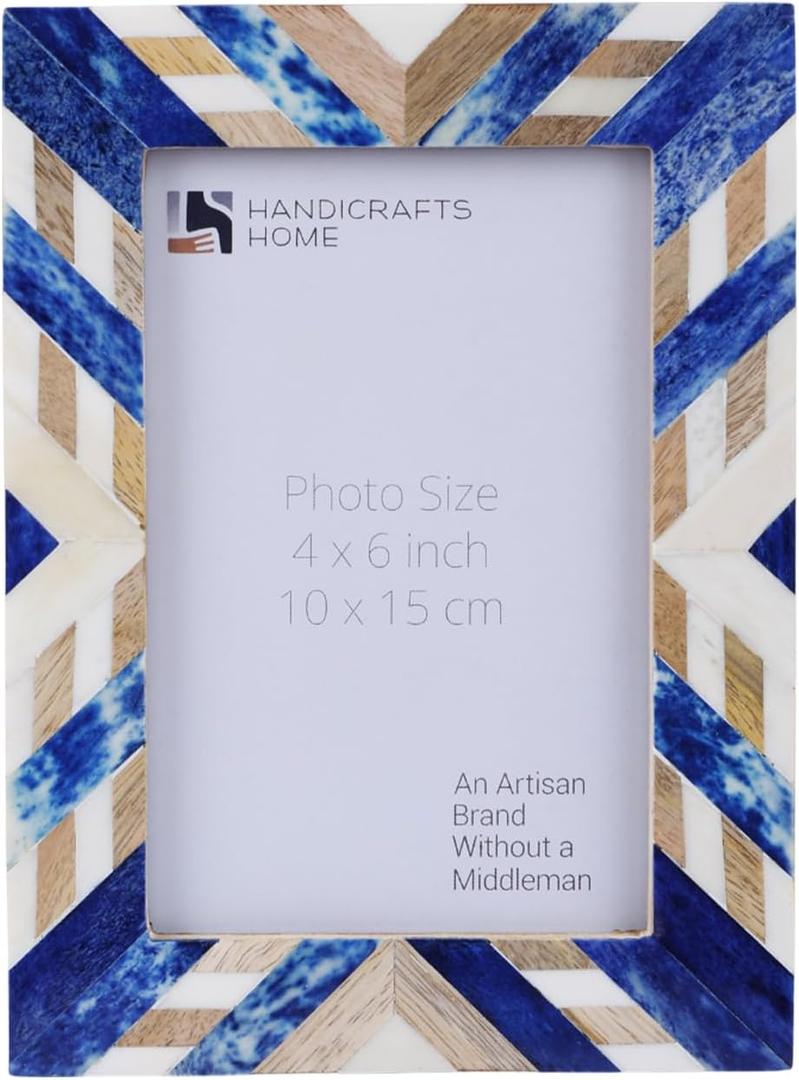 Handicrafts Home 4x6 Bone & Wood Picture Frame, Blue White Chevron Decorative Photo Frame for Tabletop or Wall Display, Coastal Modern Living Room Bedroom Vintage Inspired Home Decor