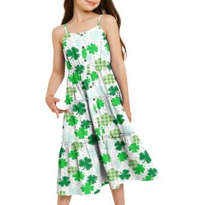Enlifety 6-12Y Girls Flowy Dress Summer Casual Sundress Spaghetti Straps Printed Dresses (Green)