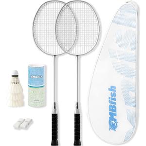MBFISH Badminton Racket Set with 2 Carbon Fiber Rackets, 3 Shuttlecocks, 2 Replacement Racket Grip Tapes and 1 Badminton Bag - Perfect for Beginners & Outdoor Games 4U (Sliver)