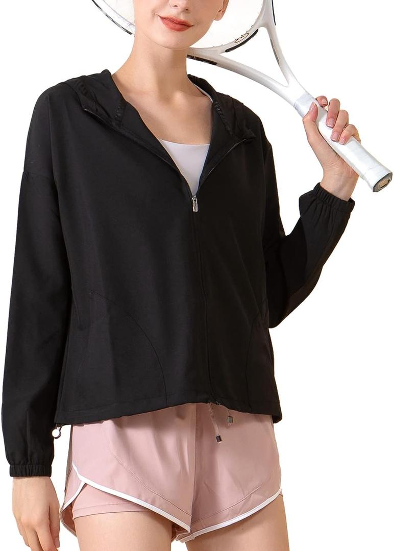 altiland Workout Zip Up Hoodie Jackets for Women, Lightweight Athletic Yoga Gym Running Shirts with Pockets UPF 50+ (Large, Black)