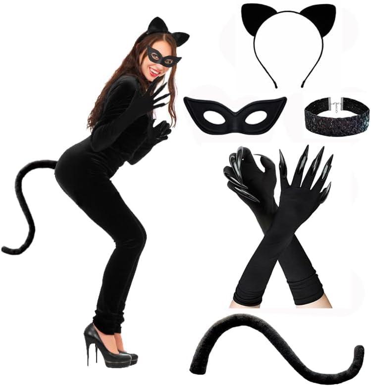 Halloween Cat Costume Accessories for Women, 5PCS Cute Black Cat Mask Ears and Tail Set, CatClaw Gloves Necklace for Adults Party Masquerade Cosplay