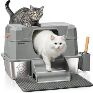 PetCove IronPaws Stainless Steel Enclosed Litter Box, XL Kit, 3 in 1 Design | Litter Box Stainless Steel with Lid for Indoor Cats, Activated Carbon Odor Eliminator, Steps, Mat & Scoop included, Blue