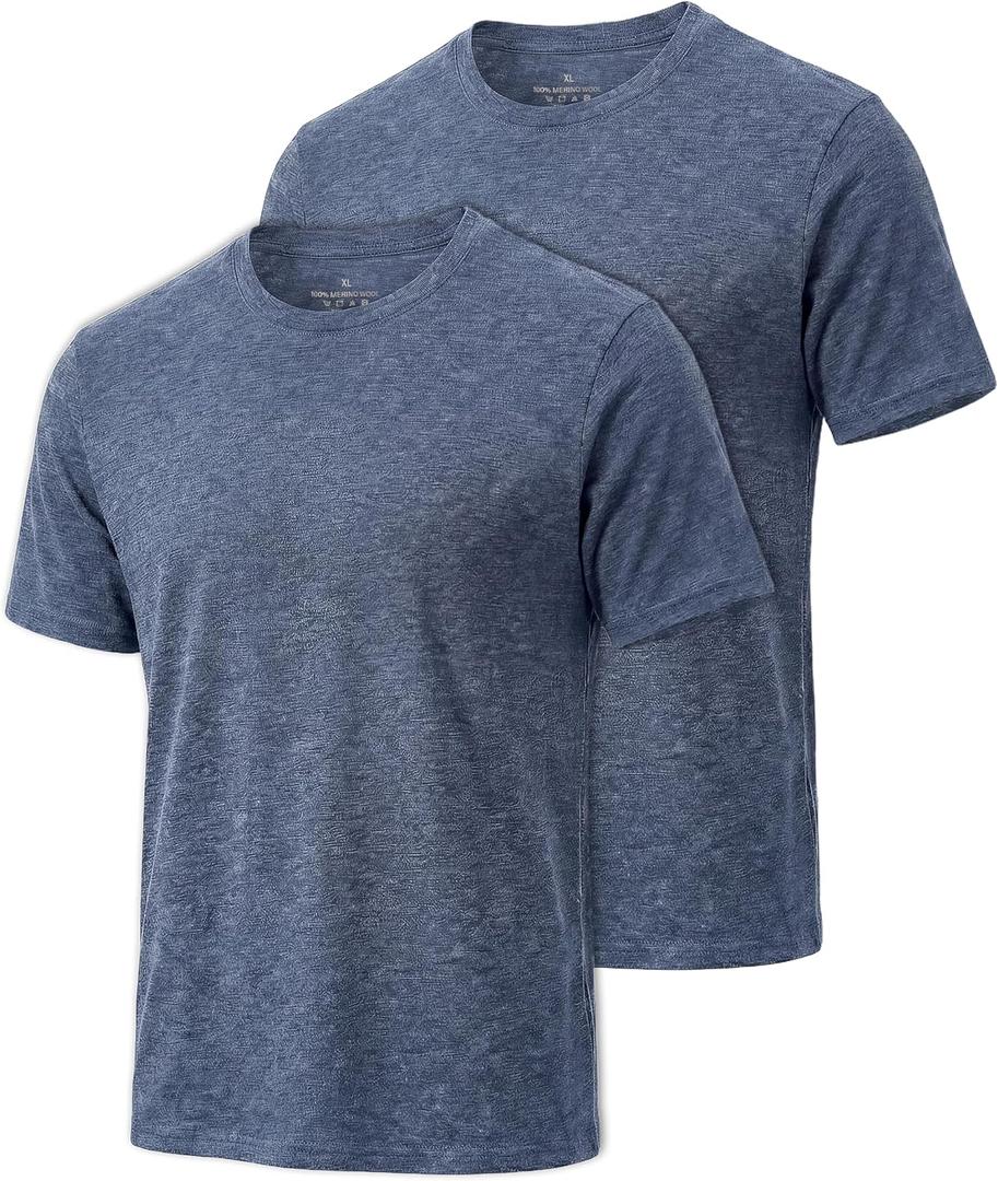 Merino Wool T-Shirt for Men 2 Pack, Lightweight Wool Short Sleeve Slim Fit Base Laye, Breathable Soft Undershirt (Blue, L)