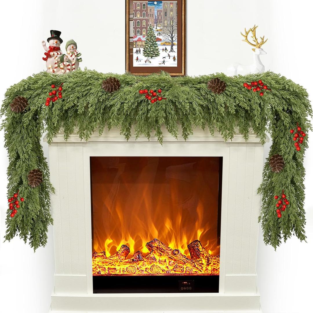 Christmas Cedar Garland for Mantle, Realistic Greenery Garland, Thickness Artificial Pine Garlands for Christmas Mantel Table Outdoor Indoor Xmas Holiday Seasonal Decor(6FT Red Berries, Pine Cones)