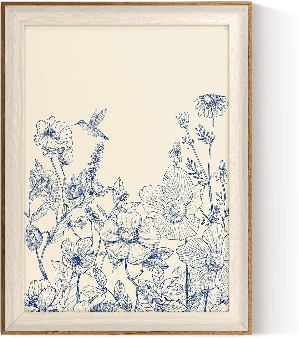 VIYYIEA Framed Minimalist Hummingbird Floral Nursery Wall Art, 12×16 Inch | Framed Canvas, Vintage Hummingbird Floral Artwork, Botanical Nature Style, Nursery Wall Art for Kids Bedroom, Baby Room Decor