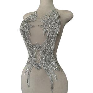 Pure Handmade Rhinestones Beads Applique sew on Crystal Sequins lace Trim Patches Accessories for Dress Clothing Shiny Bead Decorative Material 12.5X25.5inches (Silver)