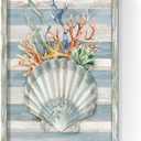 Seashell Wall Art Wooden Framed: Vertical Ocean Coral Starfish Seaweed Picture Teal Vintage Rustic Nautical Coastal Beach Marine life Painting Prints on Wood Plank Hand Painted Artwork for Bathroom 24x16"