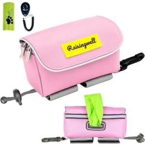 Dog Treat and Poop Bag Holder for Leash, 2 Waterproof Zipper Pouches for Pet Walking Accessories, with Dispenser, Training Clicker and 1 Free Roll (Pink)