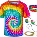 Hippie Costume for Men Momen 60s 70s Colorful T-Shirt 5 PCS Accessories Set for Theme Party, Size XL