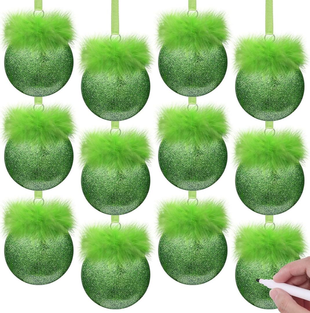 24 Pcs Lime Green Christmas Ornaments 2.36 Inch DIY Flat Ball Christmas Ornaments with Furry Hair Glitter Plastic Xmas Baubles with 2 Pcs Dry Erase Markers for Xmas Tree Craft Home Decor