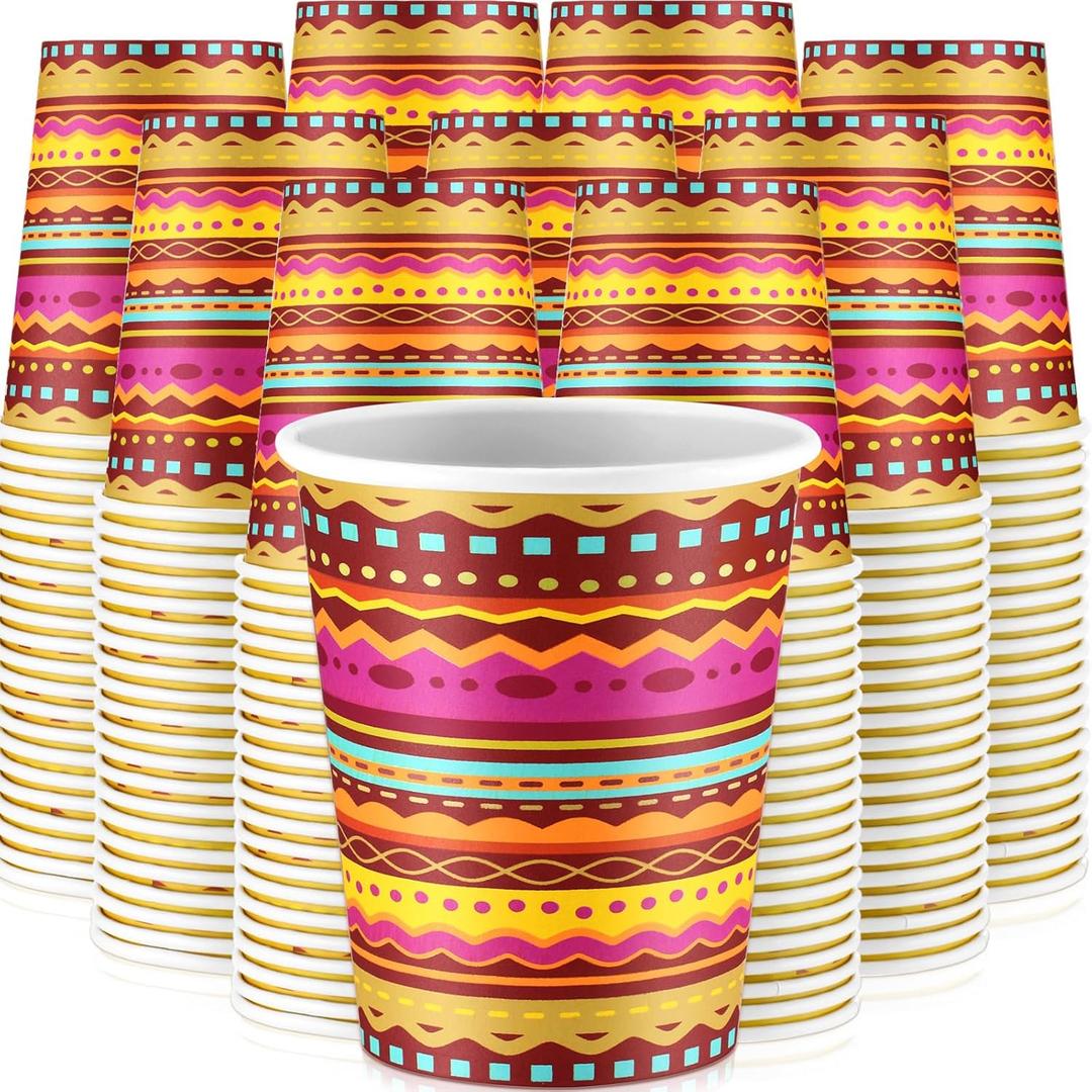 200 Pcs Fiesta Paper Cups Mexican Serape Disposable Beverage Cups Snack Dessert Ice Cream Soup Bowls Cinco De Mayo Party Favor for Chili Cook off Birthday Taco Wedding Christmas(9 oz)