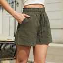 NILOINE Womens Summer 2025 High Rise Drawstring Shorts Elastic Waist Solid Color Lightweight Beach Shorts Cute Wide Leg Short Pants with Pockets(1-Army Green,X-Large)