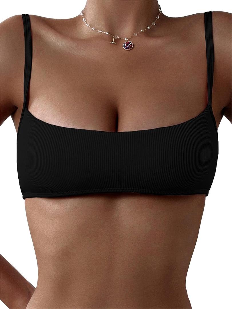 WDIRARA Women's Bandeau Swim Top Spaghetti Strap Ribbed Textured Wireless Bikini Tops L