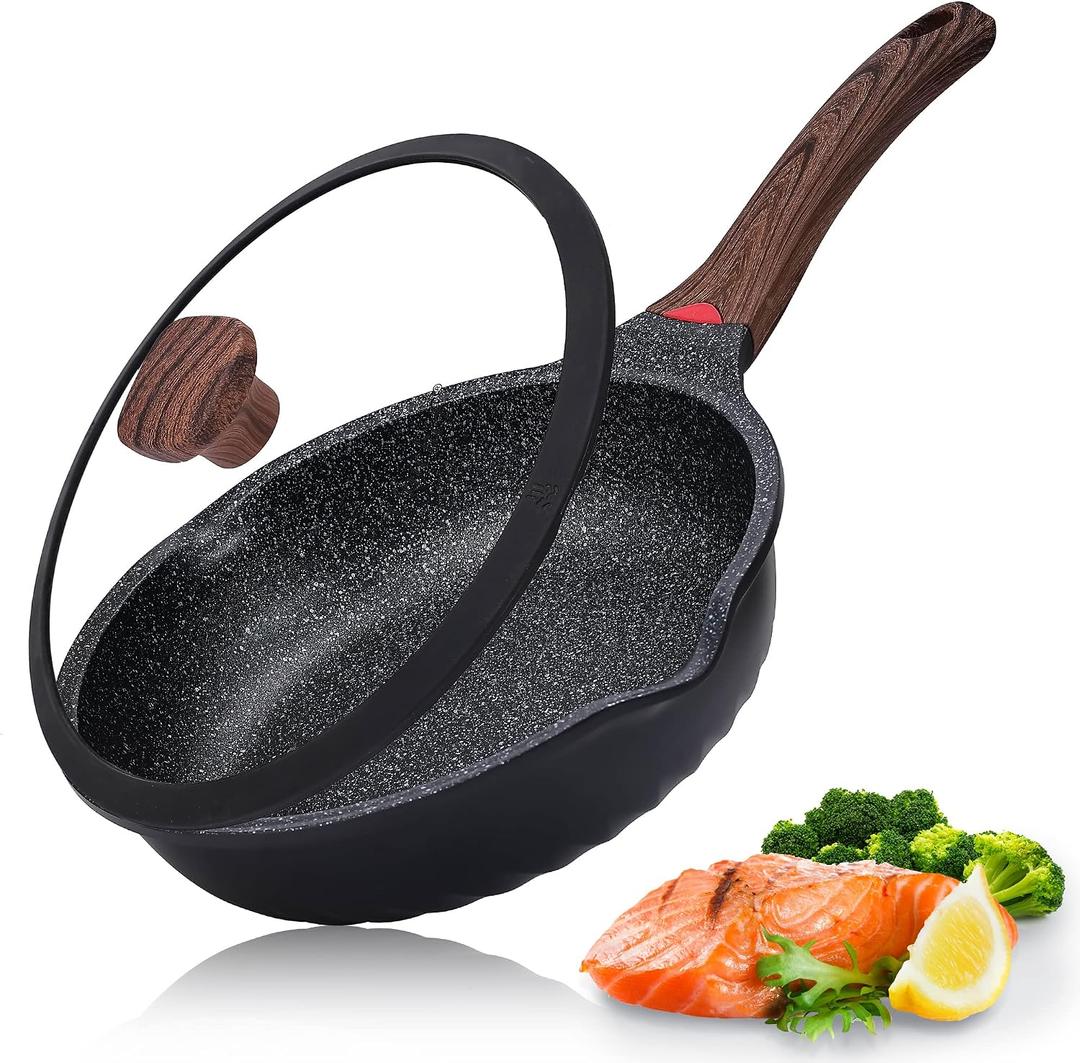 Vinchef Nonstick Deep Frying Pan Saute Pan with Lid, 10in/3Qt Skillet Pan, German 3C+ Ceramic Coating Technology, Aluminum Casting, Induction Compatible, Black 