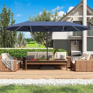 15ft Large Patio Umbrella with Solar Lights, Outdoor Double-Side Rectangular Umbrella with Base Included, Backyard Pool Umbrella with LED Light for Deck, Outside, Market, Navy Blue