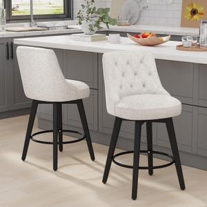 Vipbear Counter Height Bar Stools Set of 2, Updated Thickened Upholstered Fabric 360 Swivel Barstools with Backs, Solid Wood Legs, 26" Modern Bar Height Stools for Kitchen Island,Dark Beige, 26" Height Bar Stools-2 Pieces