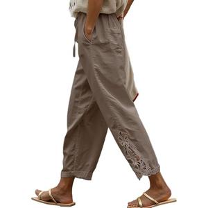 Acelitt Women's Trendy Casual Linen Pants Lightweight Drawstring Elastic Waist Summer Trendy Ankle Cropped Pants Trousers Khaki XXL