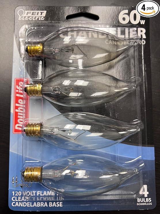 Feit Electric 60W Chandelier 120V Flame Tip Clear Candelabra Base 4 Pack