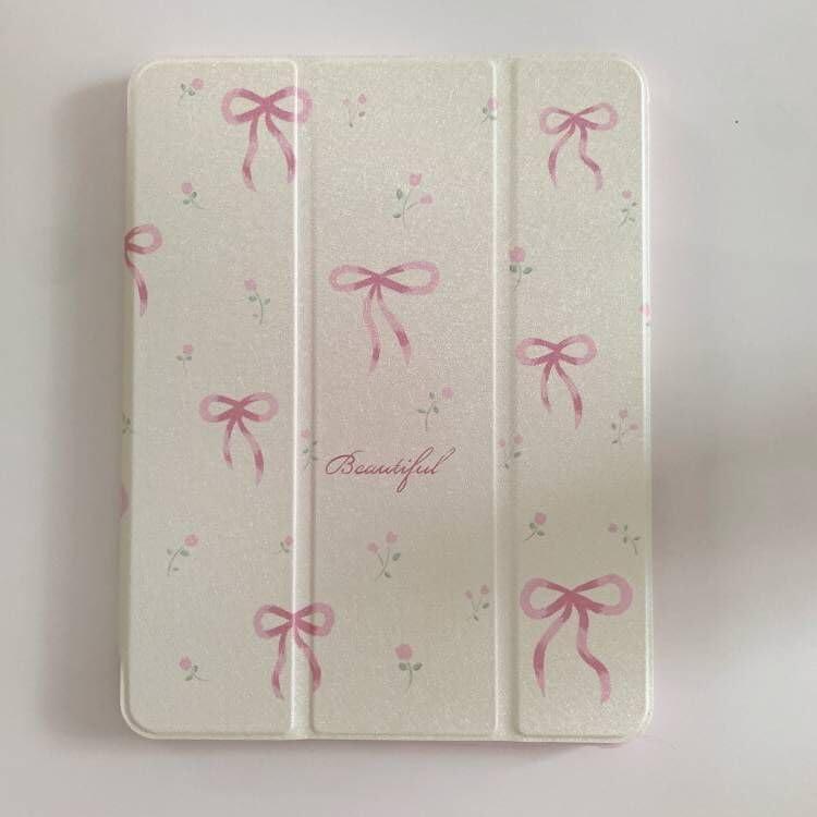 Auto Sleep/Wake Leather Stand Folio Case with Kickstand Stylus Holder for Apple iPad 10.2-inch 9 9th Generation 2021 White Pink Bow Floral Beautiful Cute Lovely Adorable Girls