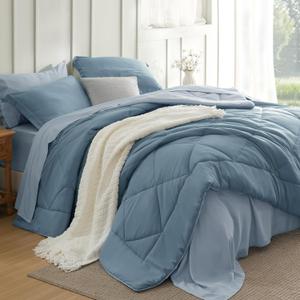 Bedsure Queen Grayish Blue Comforter Set - 7 Pieces Reversible Bedding, Queen Size Bed Set for All Seasons, Bed in a Bag with Down Alternative Comforter, Sheets, Pillowcases & Shams