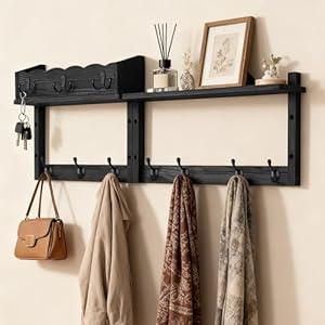 Dellicasi 28" Coat Rack Wall Mount with Shelf, Entryway Key Holder Wall Mount Wood Wall Coat Hooks with 7 Hooks 3 Key Hanger, Wall Mounted Coat Rack Mail Holder for Living Room, Bedroom