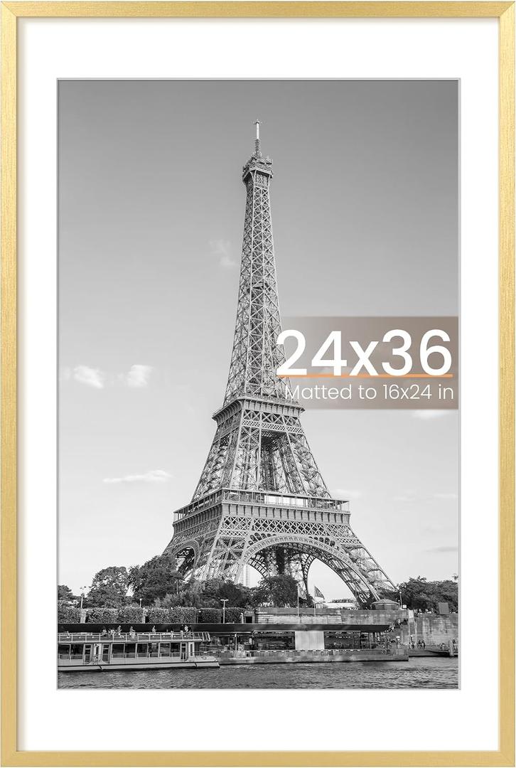 Upsimples 24x36 Poster Frame, Display Pictures 20x30 with Mat or 24x36 Without Mat, Wall Hanging Picture Frame, Gold, 1 Pack