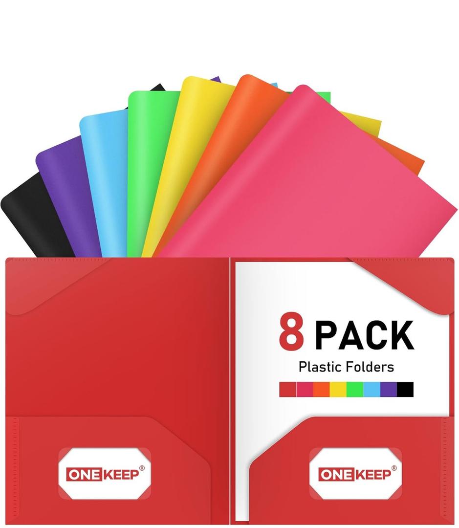 ONEKEE 8 Pack Plastic folders with Pockets – 2-Pocket Document Folders