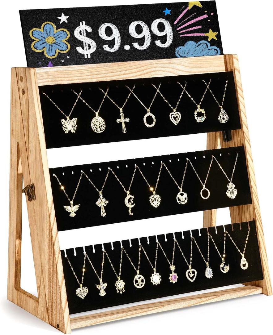 Necklace Display for Vendors, Foldable Necklace Holder with 66 Slots, 3 Tier Jewelry Display for Selling, Wood Jewelry Storage Organizer Stand with Black Velvet for Craft Show