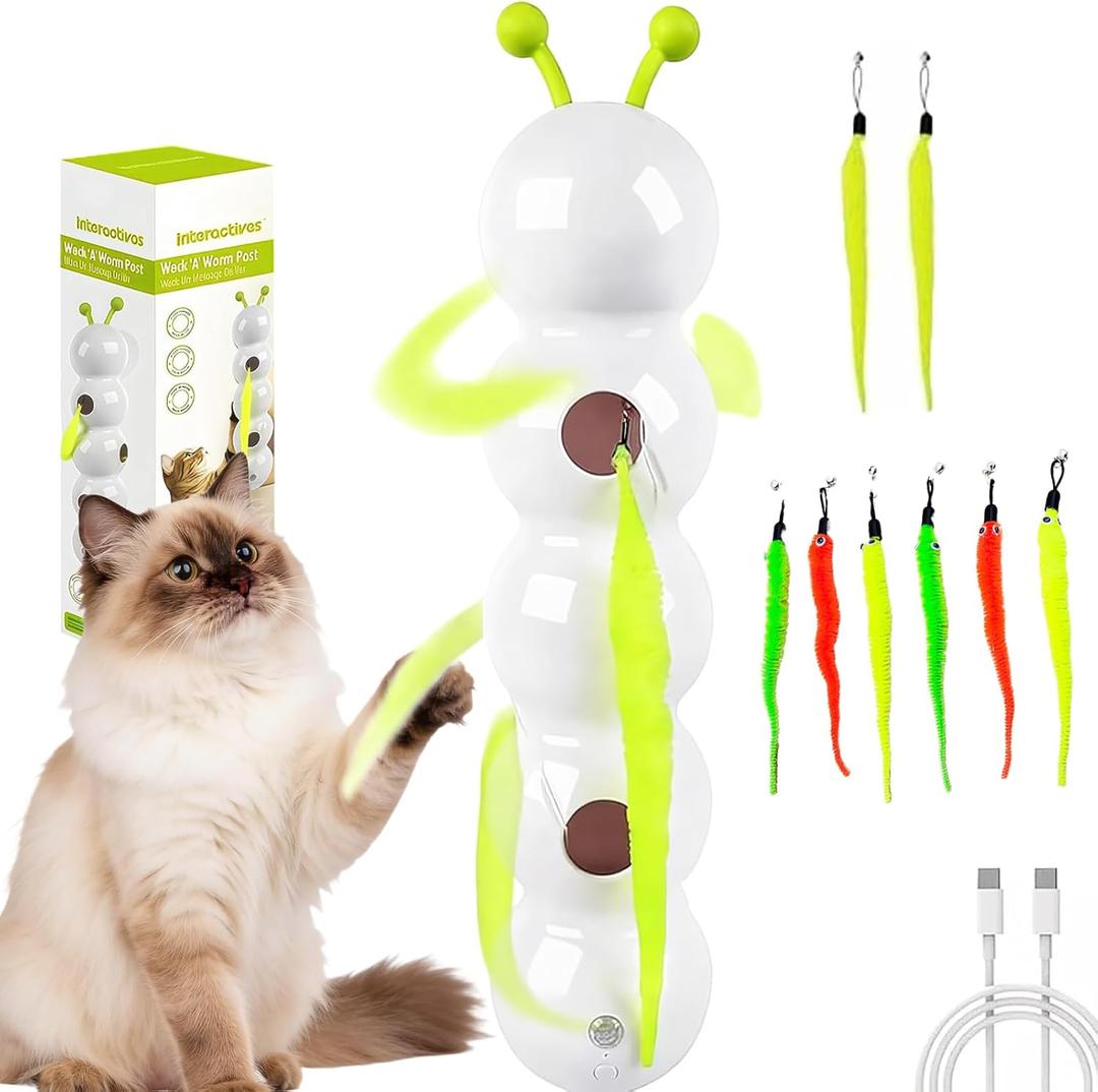 Interactive Caterpillar Cat Toy, Whack a Worm & Mole Cat Toy, Smart Electric Cat Teaser, Indoor Feather Toy with USB Charging & Stable Suction Cup