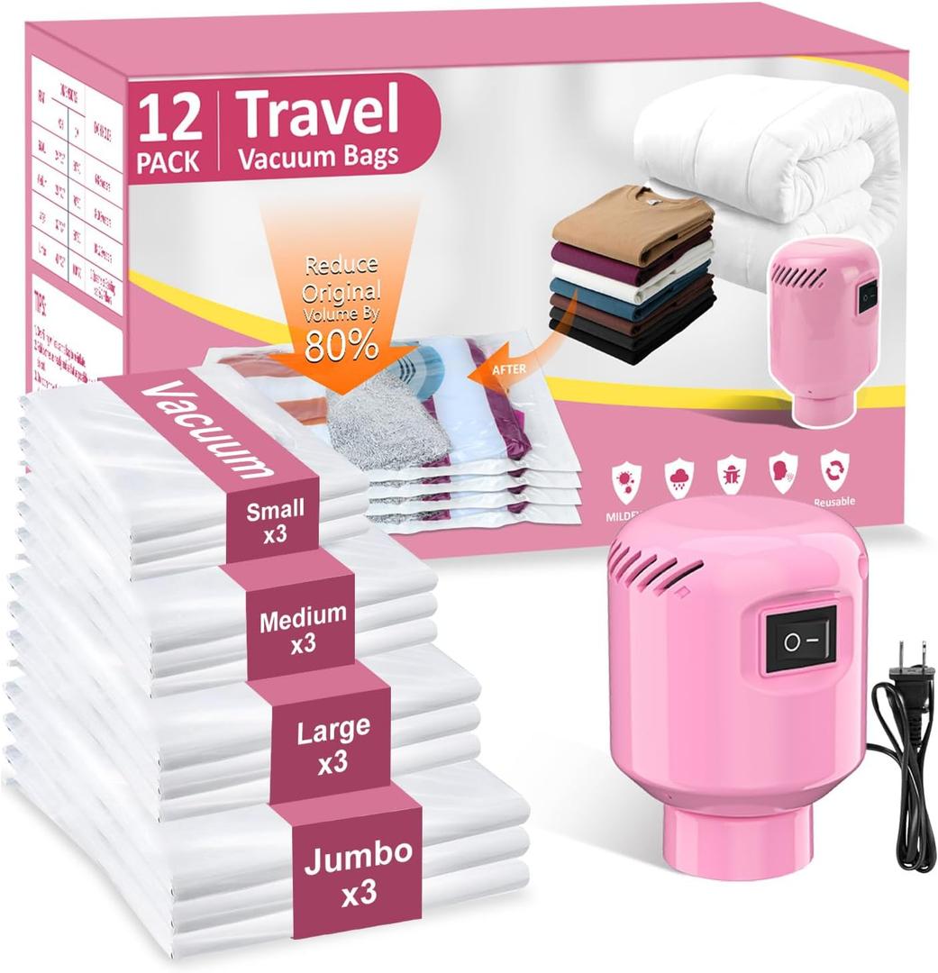 Vacuum Seal Bags for Clothing Travel, 12 Pack Space Saver Vacuum Storage Bags with Electric Pump,Portable Compression Sealer for Clothes, Blankets, Bedding & Travel Essentials,Good for Luggage Packing (Pink Small x3,Medium x3,Large x3,Jumbo x3)