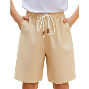 Arshiner Boys Cotton Linen Shorts Summer Beach Shorts Elastic Waist Drawstring Short with Pockets Size 6-18 Khaki
