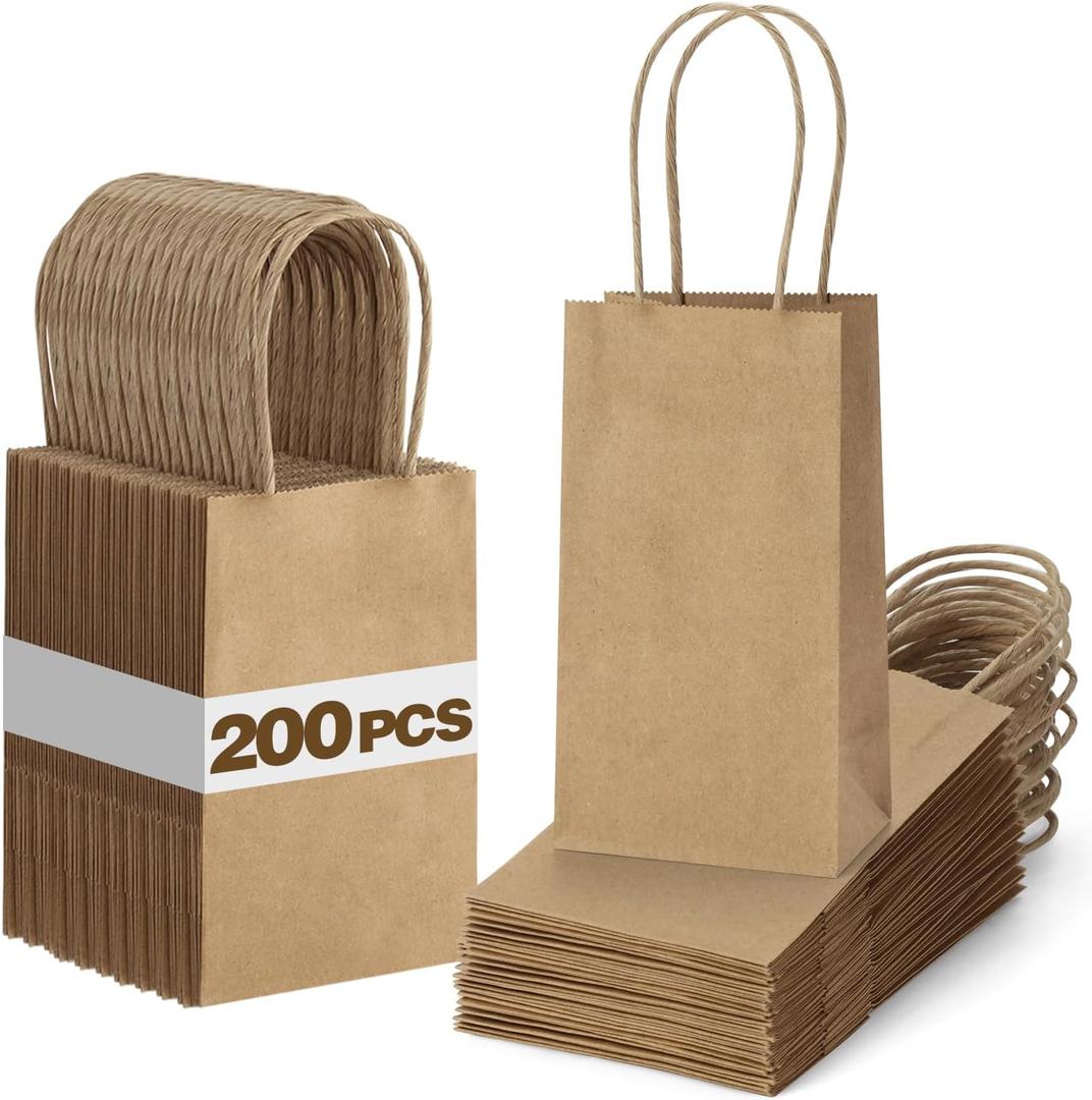 BagDream 200 Pack 3.5x2.4x6.7 Inches Mini Gift Bags with Handles Bulk Small Paper Party Favor Bags Recyclable Tiny Kraft Brown Paper Sacks