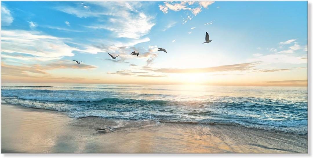 Goldfoilart Ocean Beach Sunset Canvas Wall Art for Bedroom Seagull Seascape Paintings Coastal Picture Framed Artwork for Bathroom Living Room Office Decor 20" x 40"