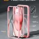 Miracase Glass Series for iPhone 15 Case [Compatible with MagSafe] Full-Body Magnetic Case with Built-in 9H Tempered Glass Anti-Fingerprint Screen Protector + Camera Lens Protector, Pink and Clear