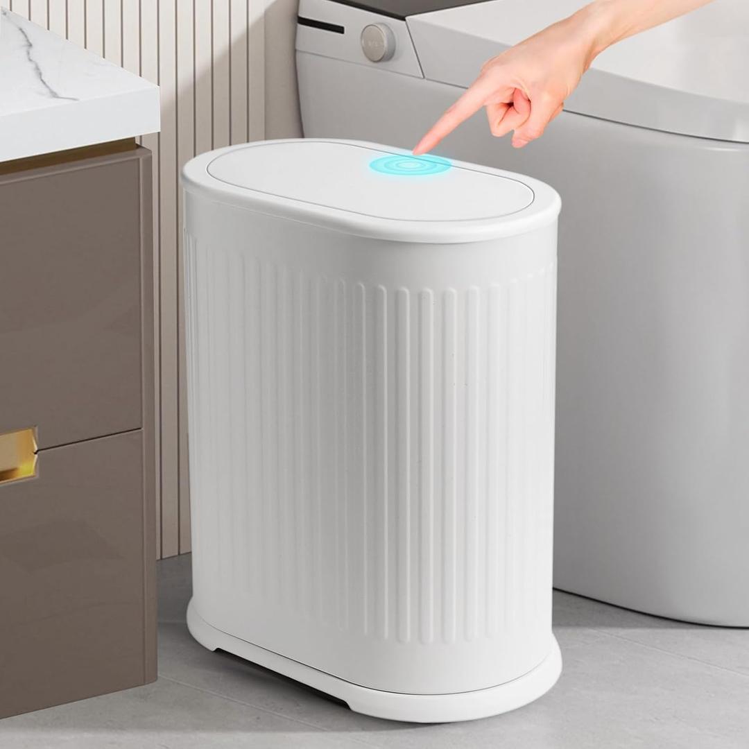 Anzoymx Bathroom Trash Cans White Stainless Steel Small Garbage Can with Pop up Lid, 1.8 Gallons Dog Proof Narrow Wastebasket, Slim Litter Trash Bins for Bedroom, Toilet, Office