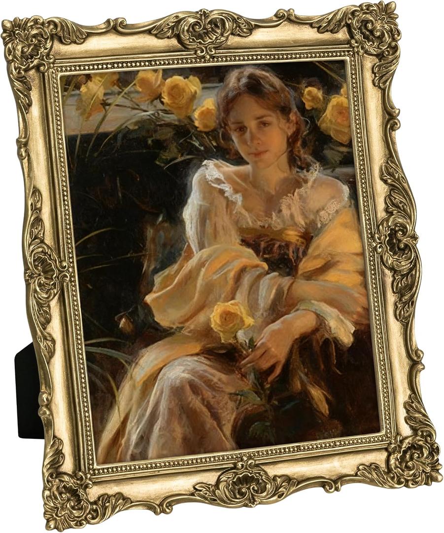 Rletecpro 8x10 Vintage Picture Frame with Real Glass Cover, Ornate Antique Photo Frame, Display 8x10 Picture for Tabletop or Wall Hanging, Gold Home Decor for Gallery Art