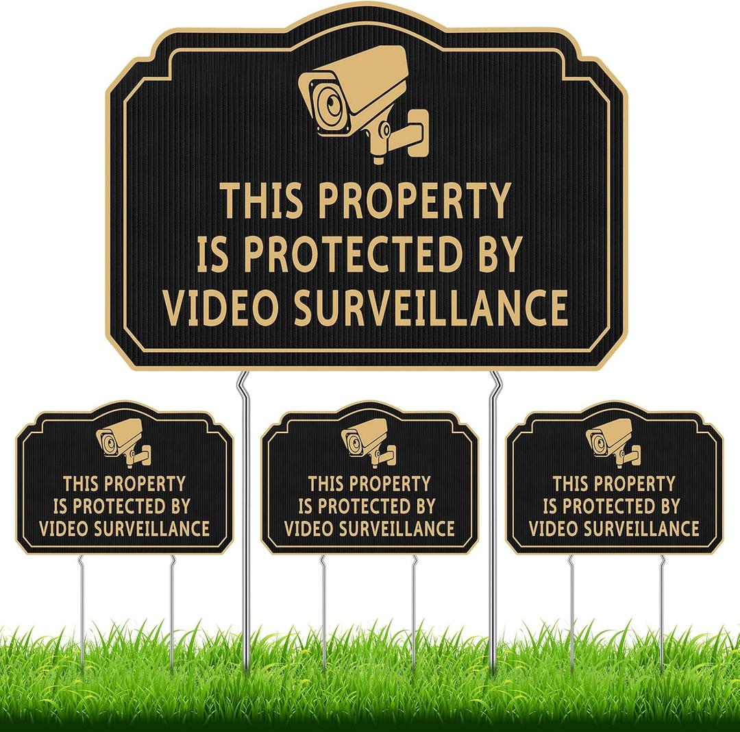 Leinuosen 4 Pcs This Property Is Protected by Video Surveillance Sign 14" x 10" Security Yard Sign Outdoor with Stake Corrugated Plastic Security Camera Sign No Trespassing Signs for Home Outdoor Lawn