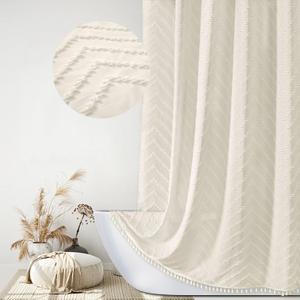 Siiluminisoy Extra Long Boho Shower Curtain Woven Fabric 84 in Cream Shower Curtain, 72 x 84, Tufted Chevron Striped Modern Chic Textured Minimalist Bathroom Shower Curtains