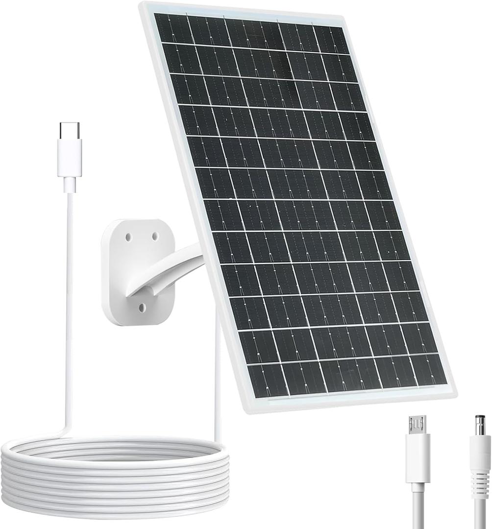 13W Solar Panel for Outdoor Security Cameras, USB-C, Micro USB & 5.5x2.1mm DC Output, 360 Mount, IP66 Waterproof, 7.2FT Cable, Compatible with 5V Battery Powered Cameras