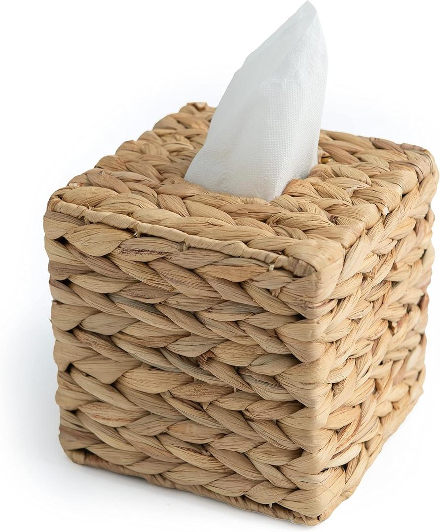 KOLWOVEN Tissue Box Holder - Square- Rattan Wicker Tissues Cube Box Cover -Boho Decorative Woven Facial Tissue Holder on Table and Barthroom (Square)
