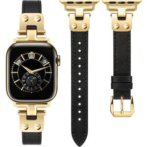 Minyee Slim Leather Band Compatible with Apple Watch Bands 38/ 40/ 41/ 42mm Women, Dressy Thin Soft Leather Strap with Designer Tapered Metal Buckle for iWatch Series 10/ 9/ SE/ 8/ 7/ 6/ 5/ 4/ 3/ 2/ 1, Black/ Gold
